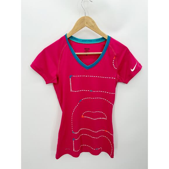 Nike Pro Pink 'Just Do It' Short Sleeve V Neck Tee T-Shirt Polyester Blend Small - Picture 1 of 8